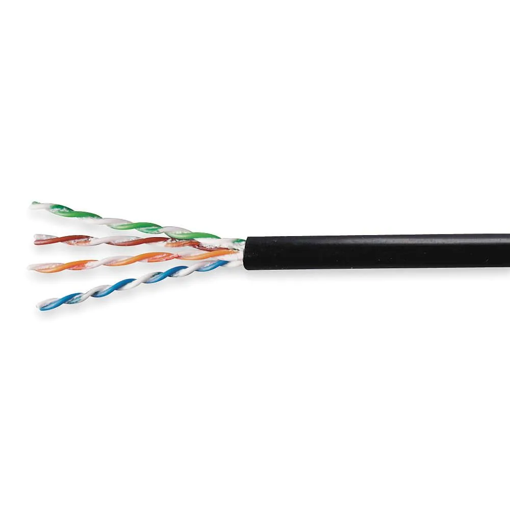 Black Cat 6 data cable on a spool, 1000 ft, solid 23 AWG conductors, PE jacket