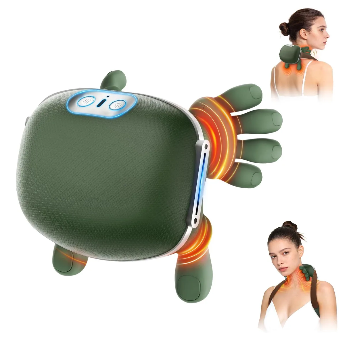 Blue wearable neck massager with wrap-around silicone arms, compact and cordless
