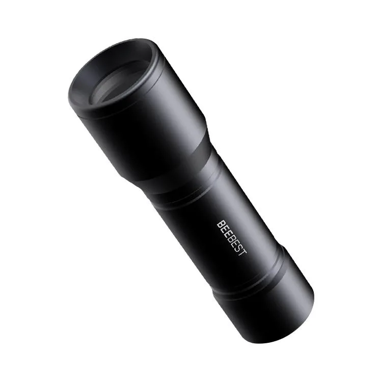 Black aluminium flashlight with plastic bezel, lanyard and three AAA batteries