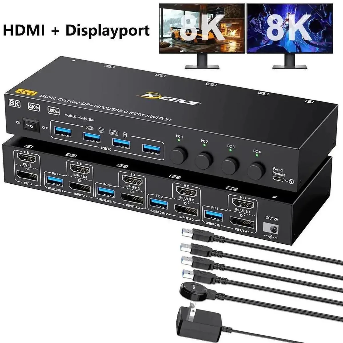 Vszerda Vszerda HDMI + DisplayPort KVM Switch 4 Computers 2 Monitors 8K@60Hz 4K@144Hz USB 3.0 Wired Remote — product photo