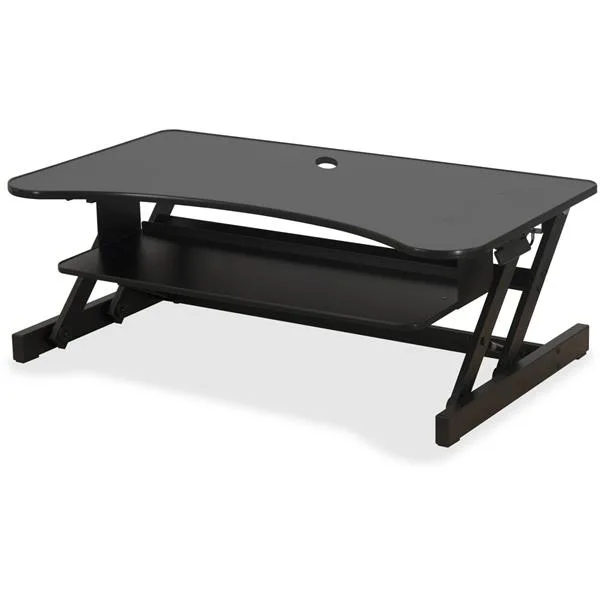Black adjustable desk riser with keyboard tray and gas spring, 38 by 24 inches