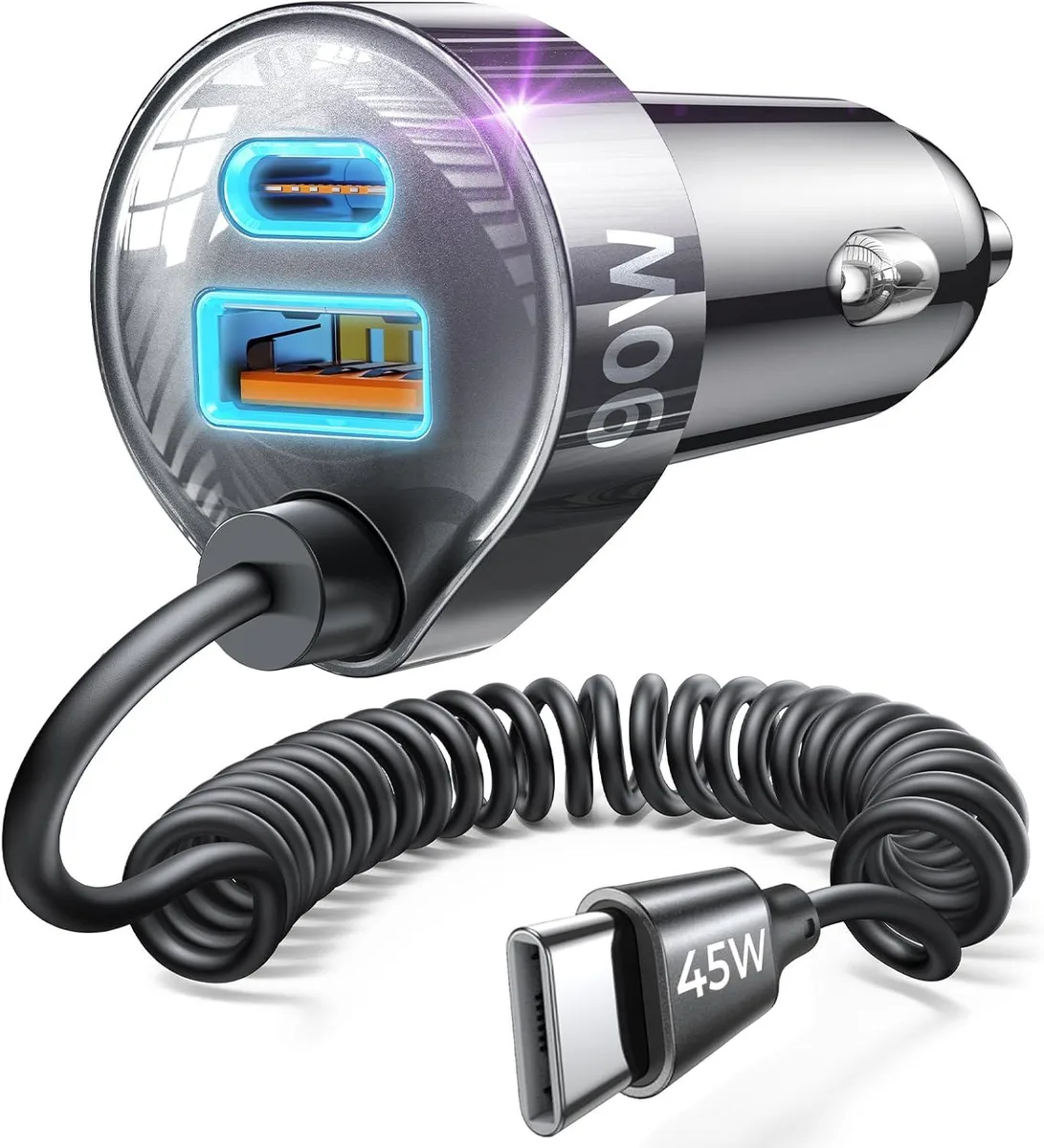 Hamzan Hamzan 90W Car Charger USB-C 60in Coiled Cable 3-Port — product photo
