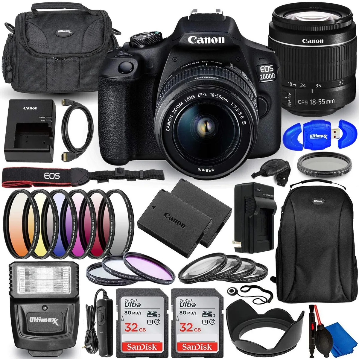Canon International Canon EOS 2000D Rebel T7 18-55mm III Lens 30PC Accessory Bundle dslr camera — product photo