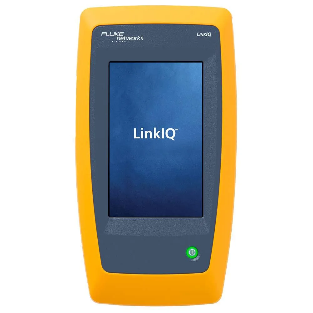 Yellow Fluke LinkIQ handheld tester with MS-IE remote adapter attached