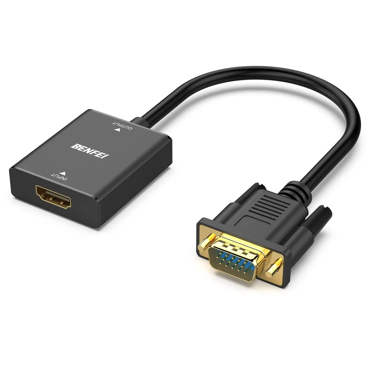 Small black HDMI to VGA adapter with 3.5mm audio jack