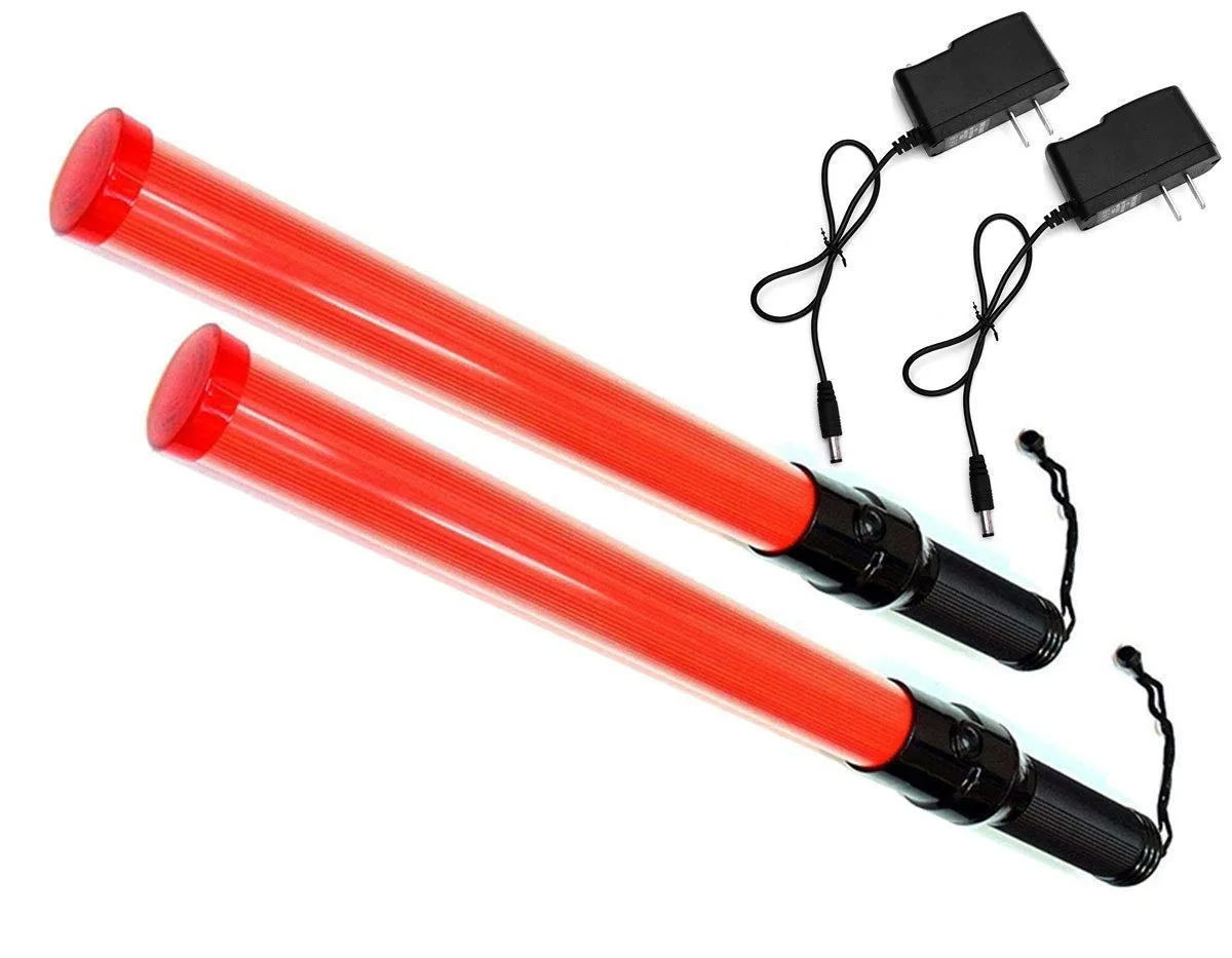 Two orange-red LED traffic batons with wrist straps