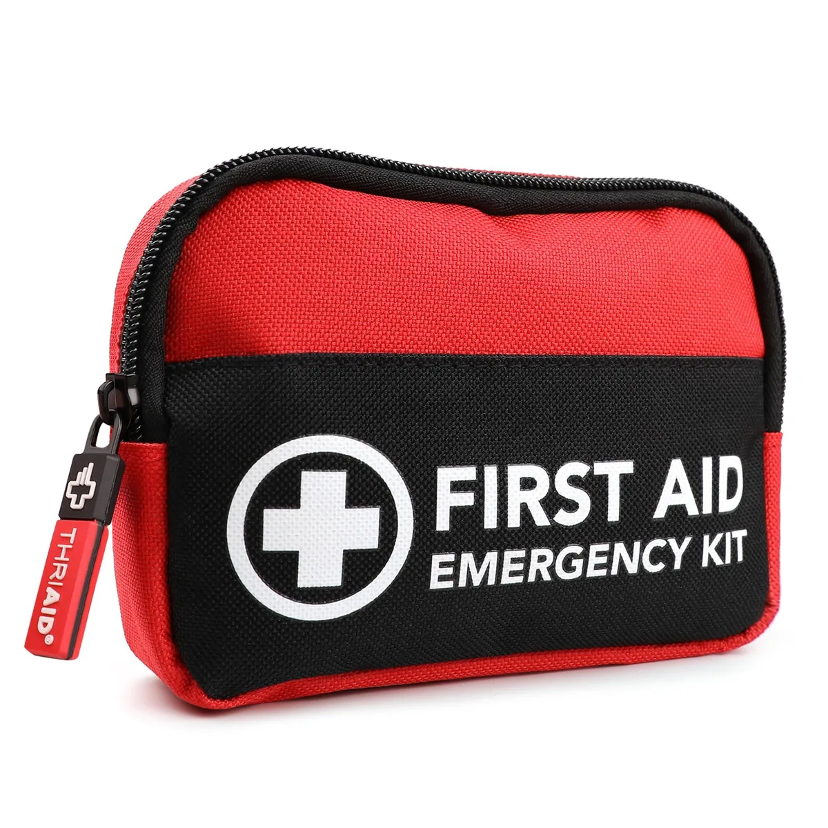 Red nylon first-aid pouch, compact rectangular shape, zip closure, 183-piece label visible