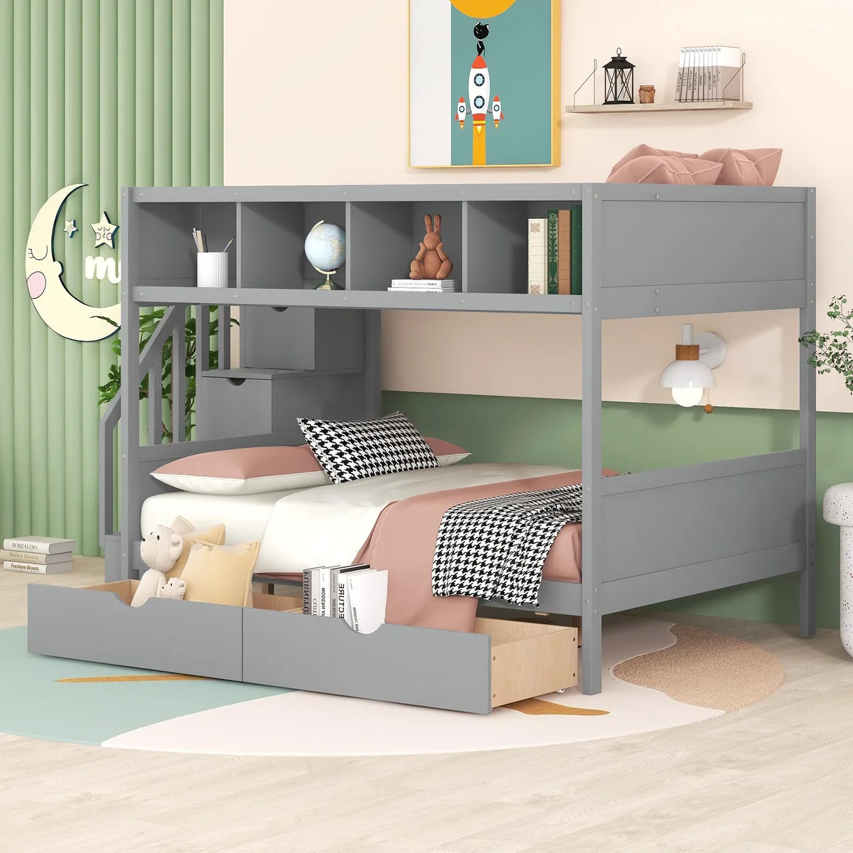 Gray twin-over-full bunk bed with storage staircase and two under-bed drawers