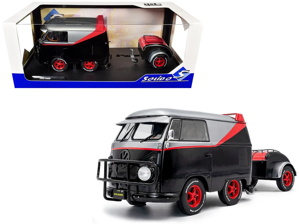 Solido Solido 2024 VW Kool Kombi Sport Van &amp; Trailer Black/Silver Red Stripe 1/18 Diecast — product photo
