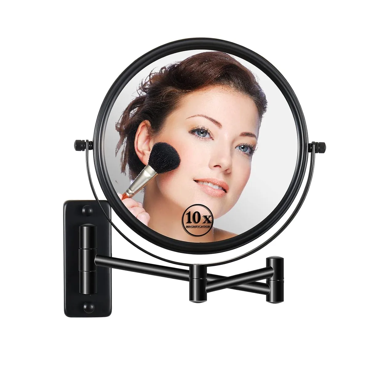 Round matte black metal mirror on two extendable arms, double-sided with 1X and 10X magnification