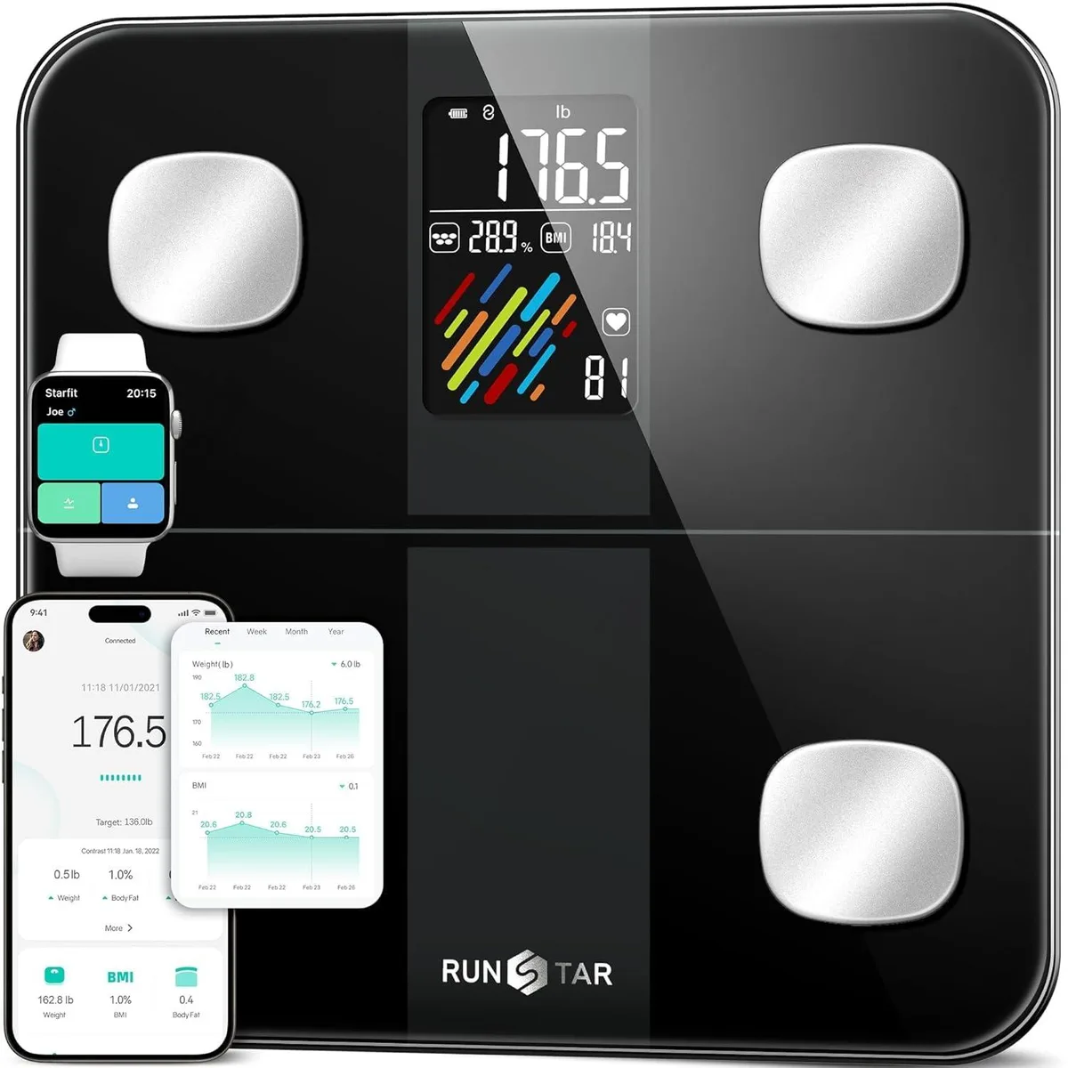 Black rectangular bathroom scale with large VA display and non-slip platform