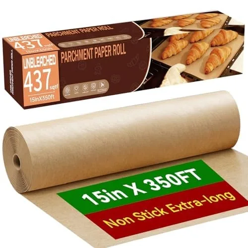 Brown unbleached parchment paper roll 15 inches wide in dispensing box with serrated cutter