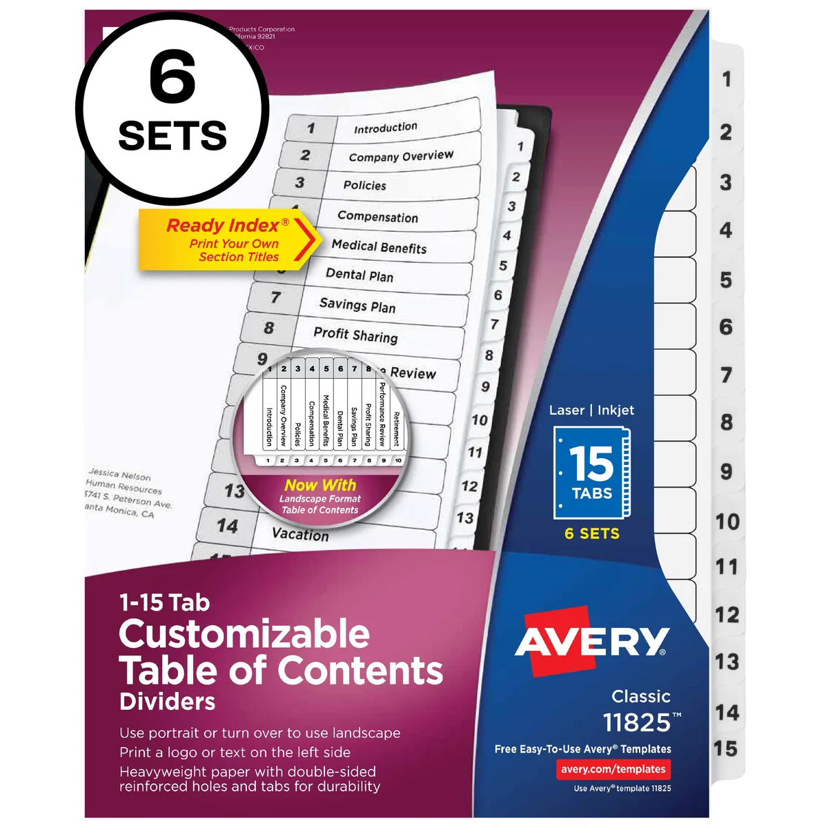 Avery Avery 11825 15-Tab Dividers 6 Sets 11 x 8.5 card filing — product photo