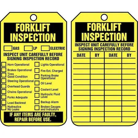 Pack of 25 rectangular plastic forklift inspection tags with brass grommets
