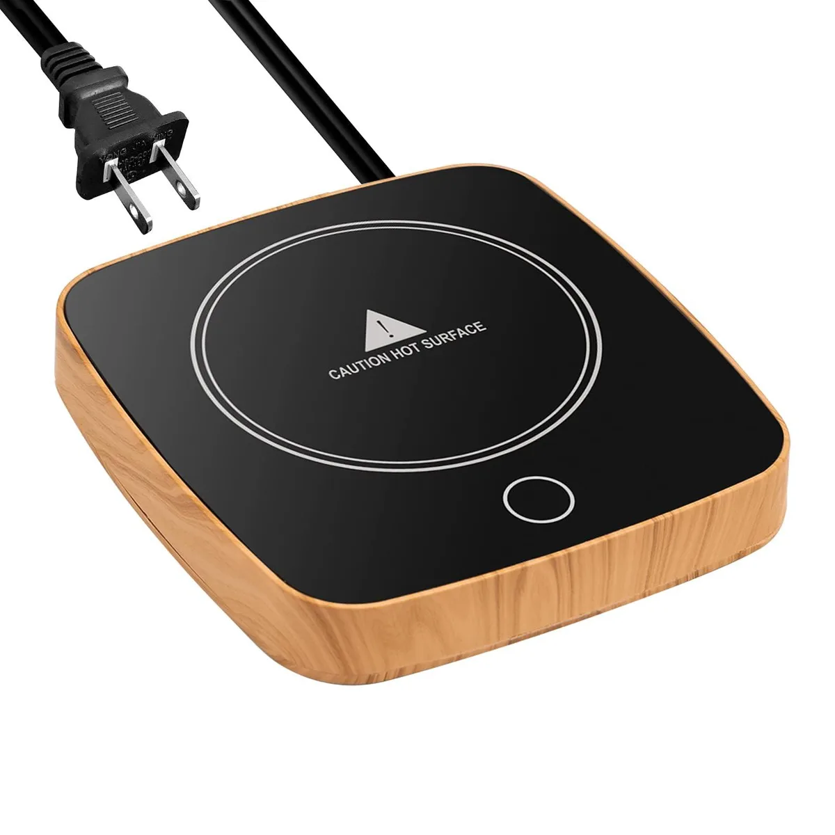 Wood-grain tempered-glass cup warmer with touch button and corded electric plug