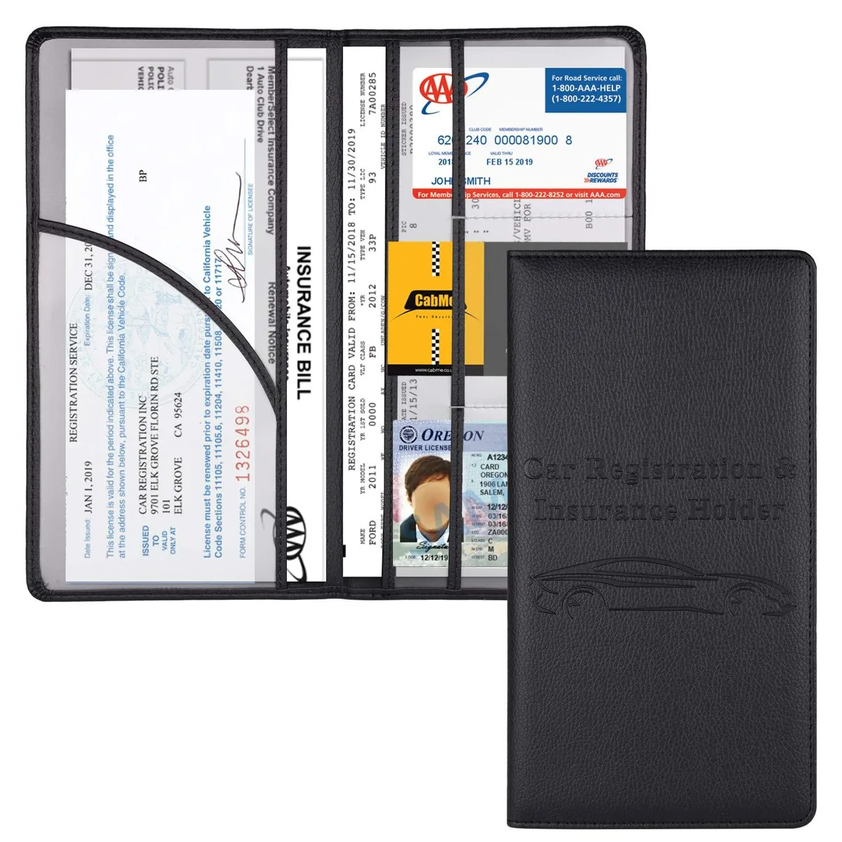 Black faux leather car document holder with 3D embossed cover, magnetic closure, 24 x 13 x 1.5 cm