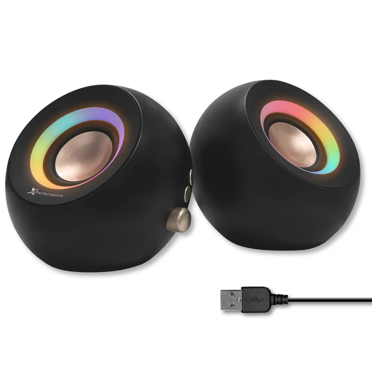 Compact desktop speakers with dual drivers, RGB lighting, and front-panel controls