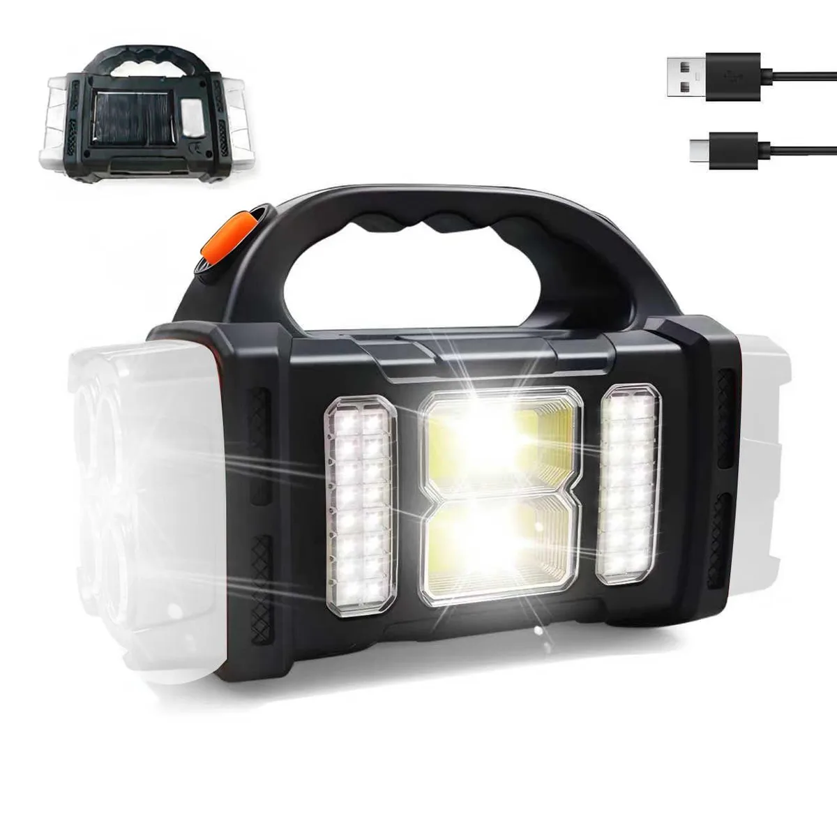 Silver cylindrical flashlight with USB-C port and solar panel strip