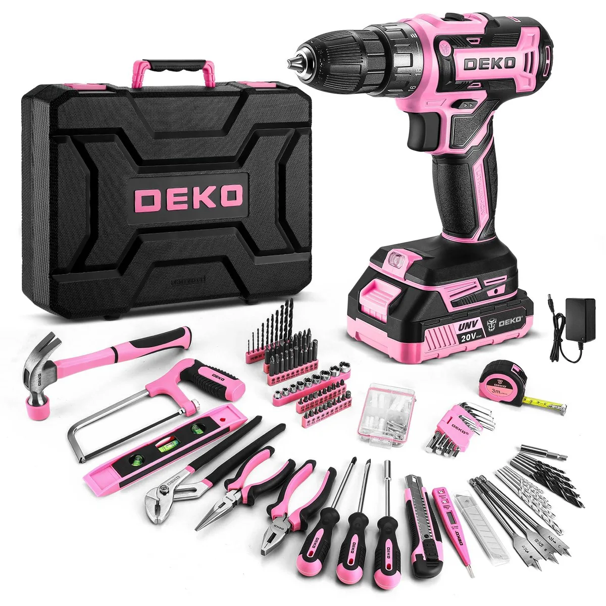  DEKOPRO DKMT186-GP 20V pink power drill kit 18+1 torque 2-speed 1350 RPM 5.702 kg — product photo