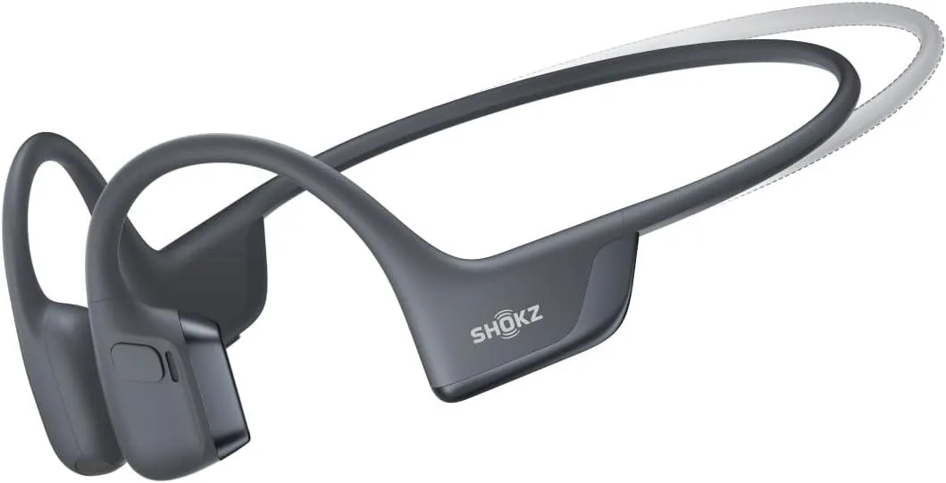 Black open-ear headphones with ear hooks and reflective strip