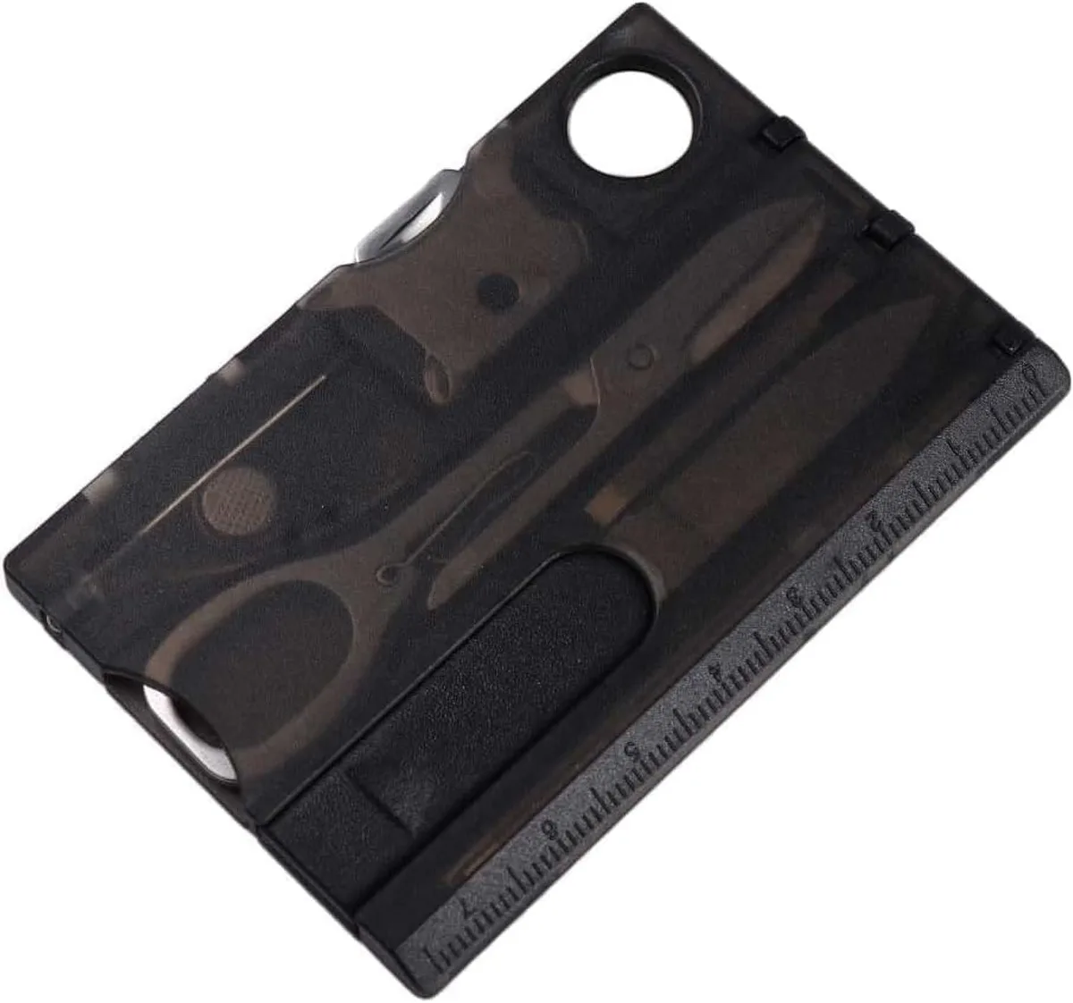 Black stainless steel credit card multi tool with 12 functions