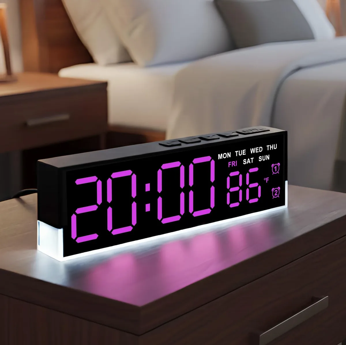 Rectangular rose-red digital clock with large LED display and soft bottom glow