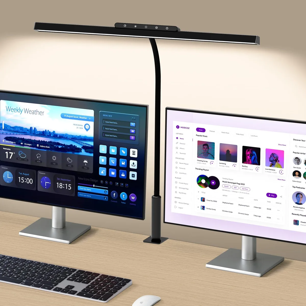 Black polished desk lamp with 29.5 inch flexible gooseneck and clamp base