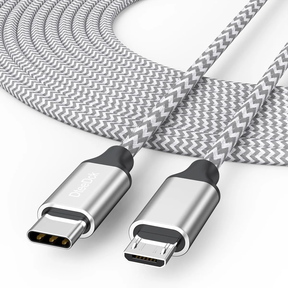 Silver braided USB-C to Micro USB cable 15 ft male-to-male connectors