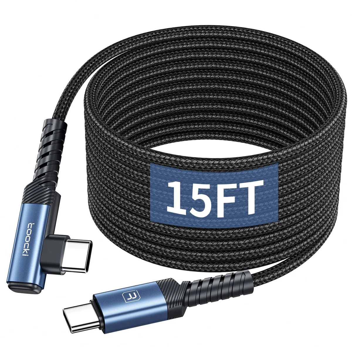 Orange nylon-braided USB-C cable with right-angle plug, 15 ft long