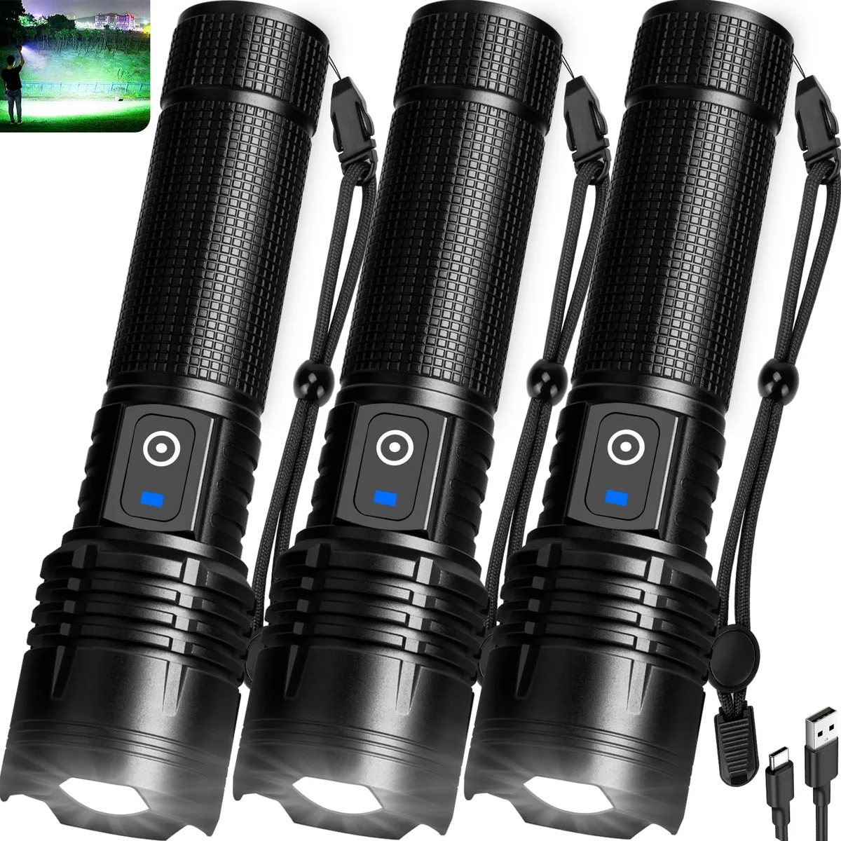 Three gray cylindrical flashlights with USB-C ports and lanyards