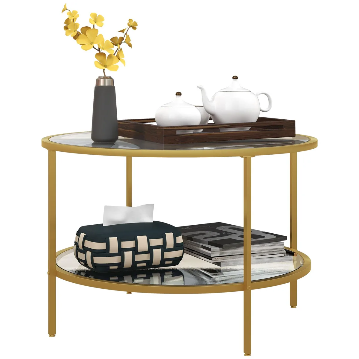 Round two-tier glass table with gold steel frame, 25.6 inch diameter