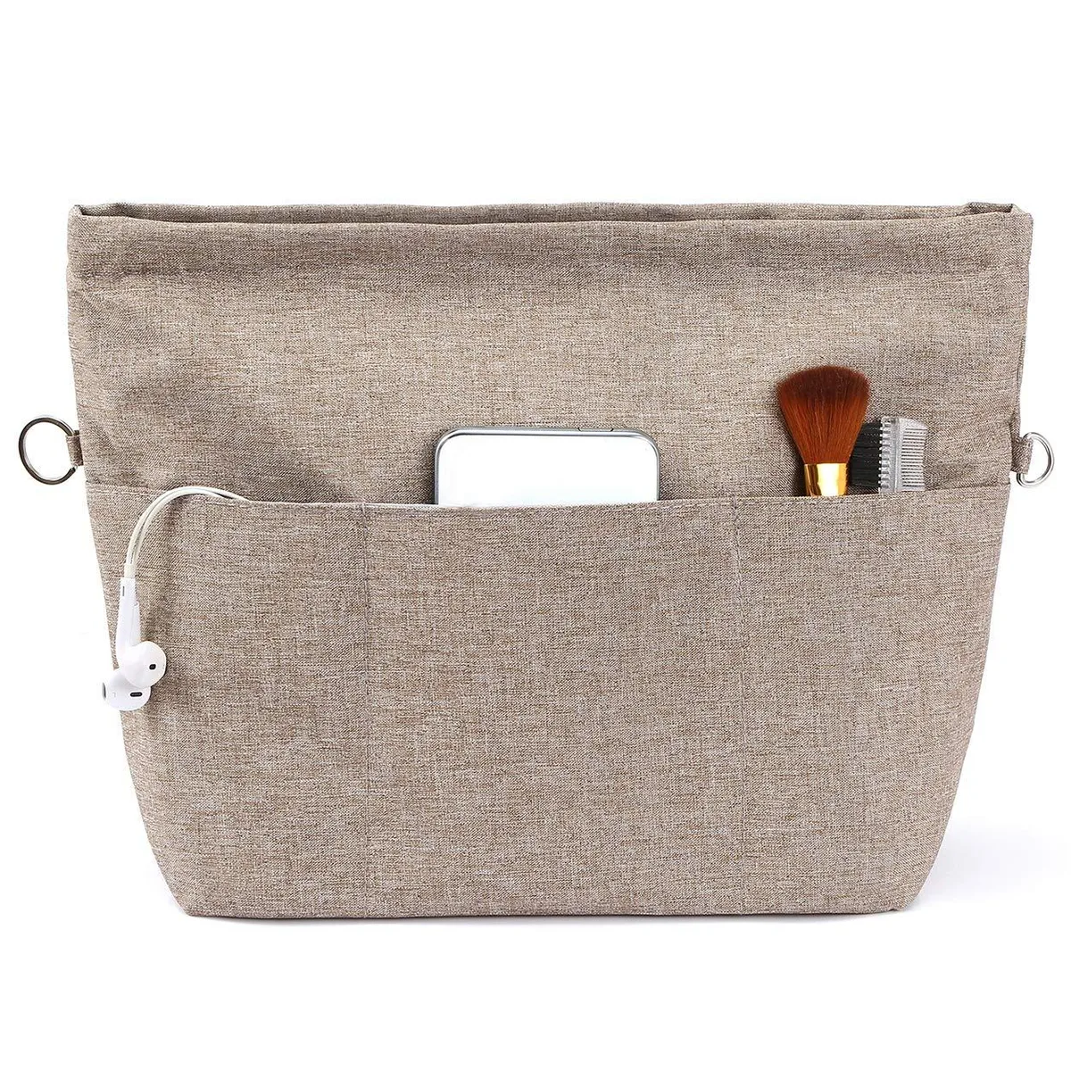 Khaki purse organizer insert with 13 pockets and zippered pouch