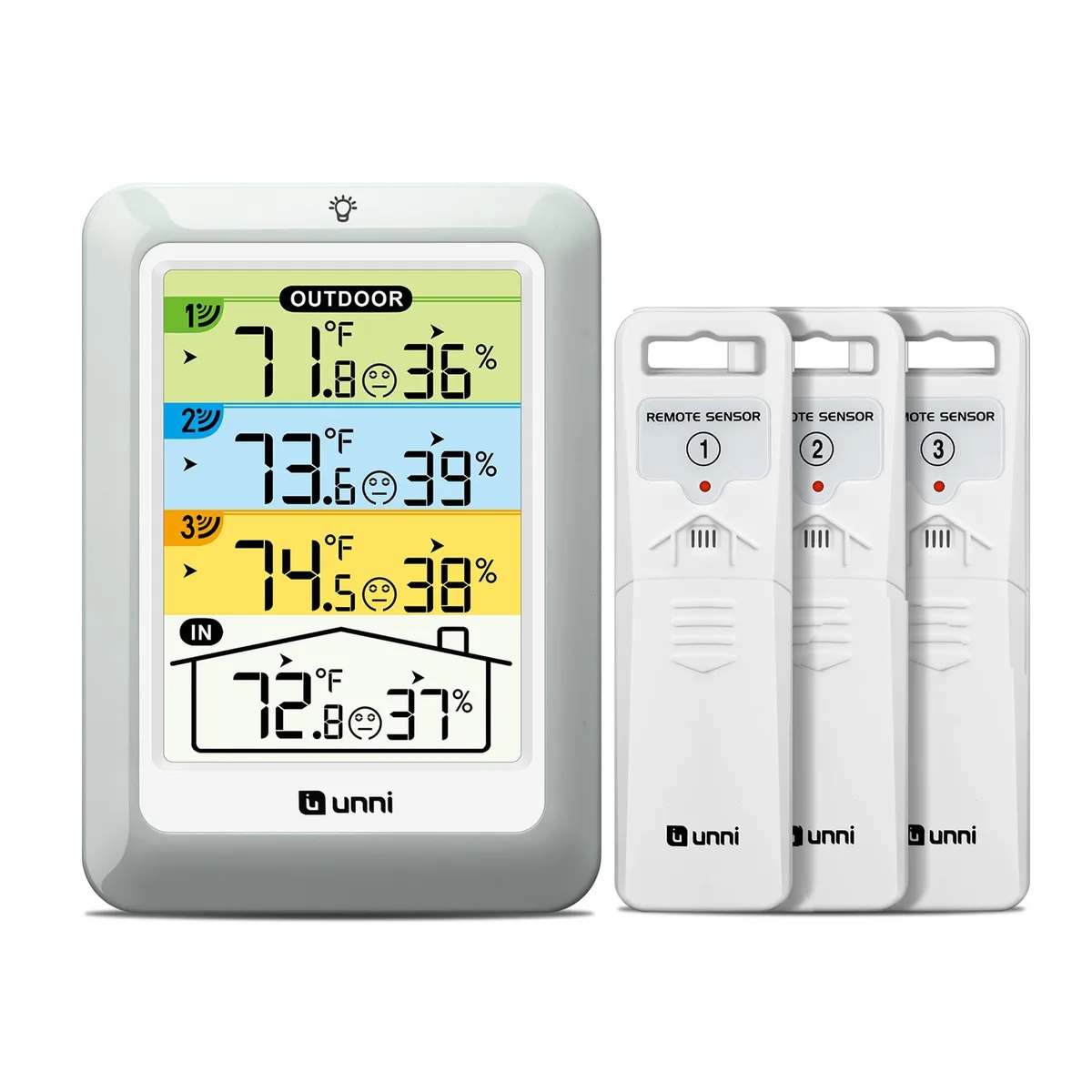 Black wireless thermometer base with 4.5 inch backlit display and three remote sensors