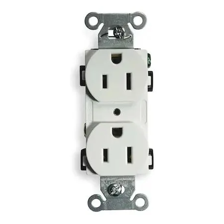 White nylon duplex receptacle with two grounded slots and a round ground hole, flush-mount design