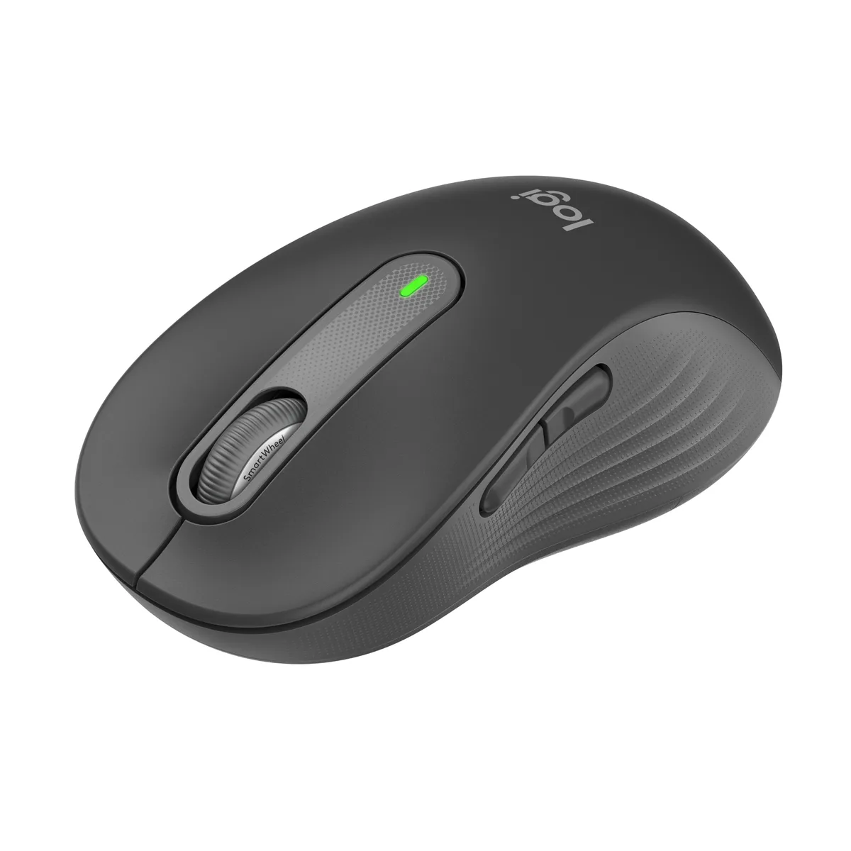 Graphite right-handed wireless mouse with five buttons and scroll wheel