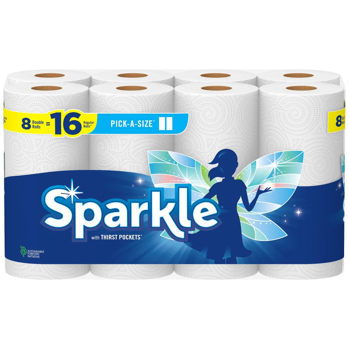 Eight white paper towel rolls with perforated half-sheet options on a table