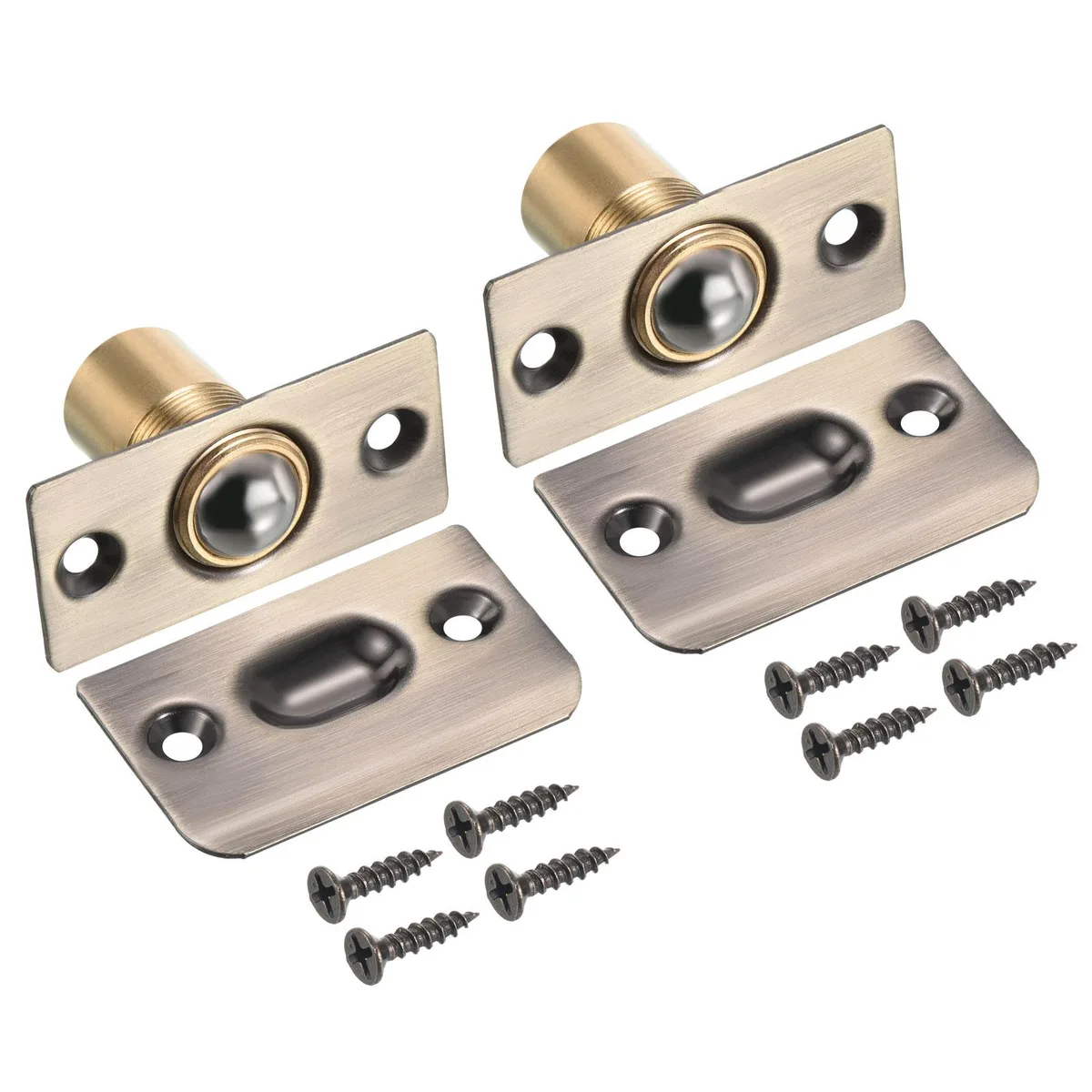 Two bronze metal ball catches with rectangular strike plates and mounting screws