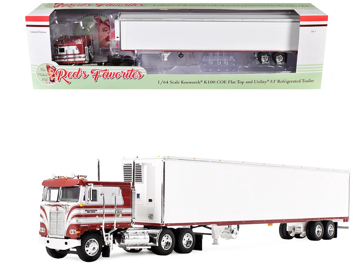 First Gear First Gear Kenworth K100 COE Flat Top 53' Utility Trailer Reefer Red White 1/64 Diecast — product photo