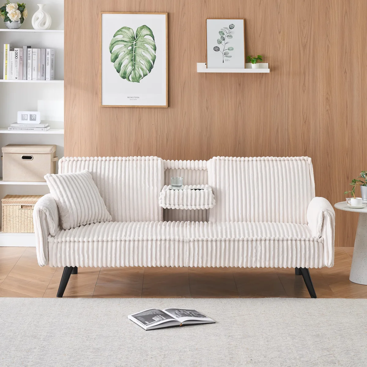 White corduroy sofa with hidden retractable cup holder in backrest