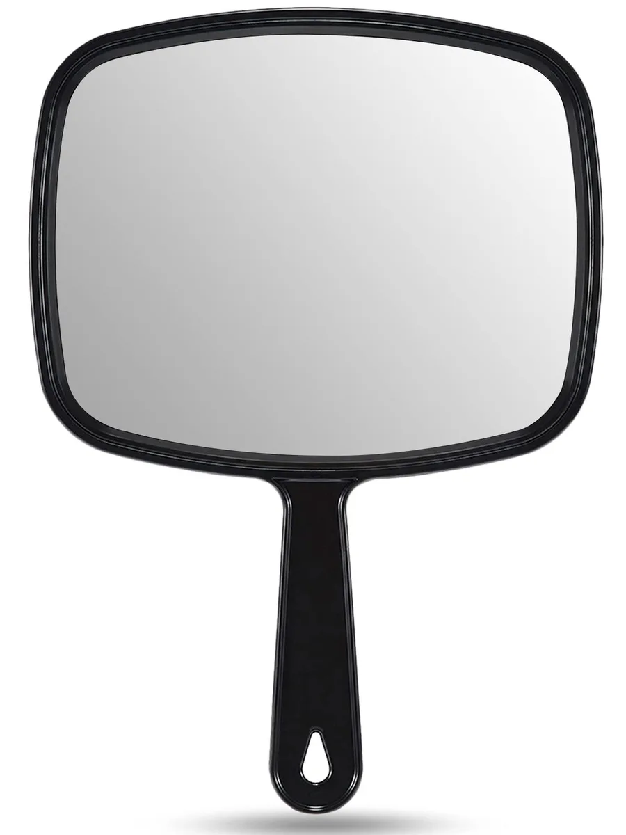 Black rectangular hand mirror with integrated handle and smooth finish