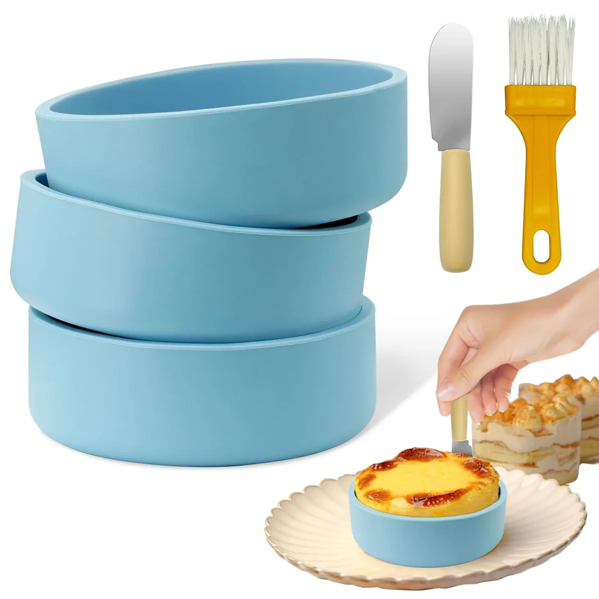 Three blue silicone egg molds, round shallow cups about four inches wide and one point three inches high