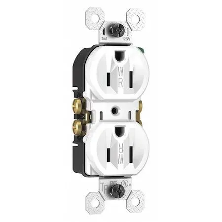 White flush-mount duplex receptacle with tamper-resistant shutters