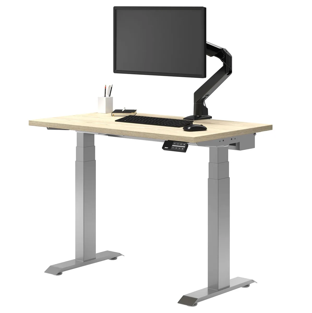 Desky Desky Dual Mini Sit Stand Desk Classic Oak Grey 32 x 20 in with Grommets — product photo