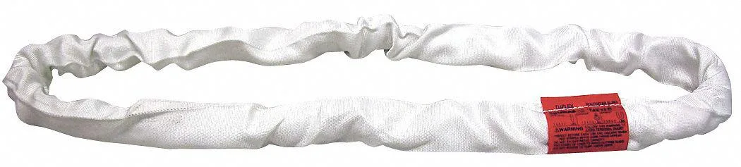 White endless polyester roundsling, 8 ft loop, flat woven finish