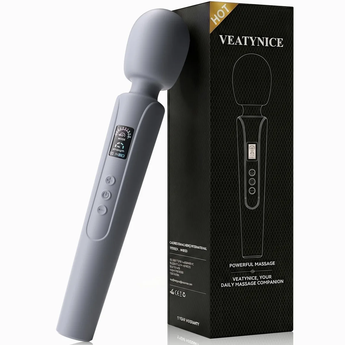 Grey handheld massager with rounded silicone head, LCD screen and Type-C port