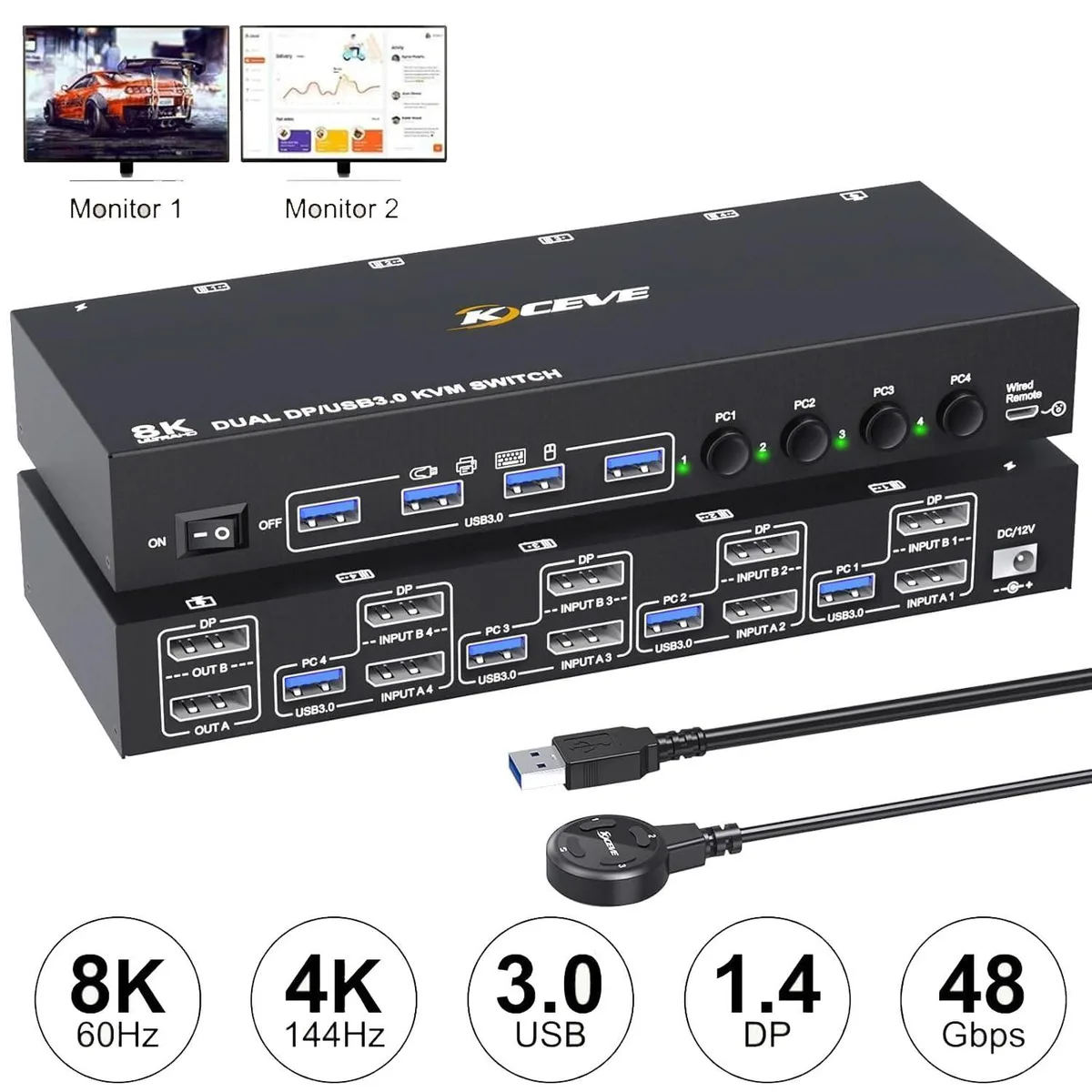 WRIARICH WRIARICH 402DP 4-Port DP KVM Switch 2 Monitors 8K@60Hz USB 3.0 — product photo