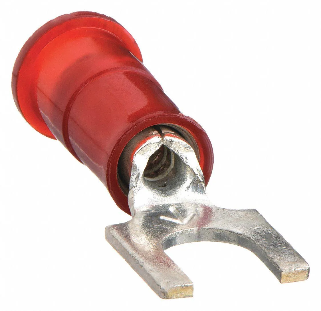 Red nylon insulated fork terminal with tin-plated copper barrel, #10 stud size, crimp connection for 18-22 AWG wire