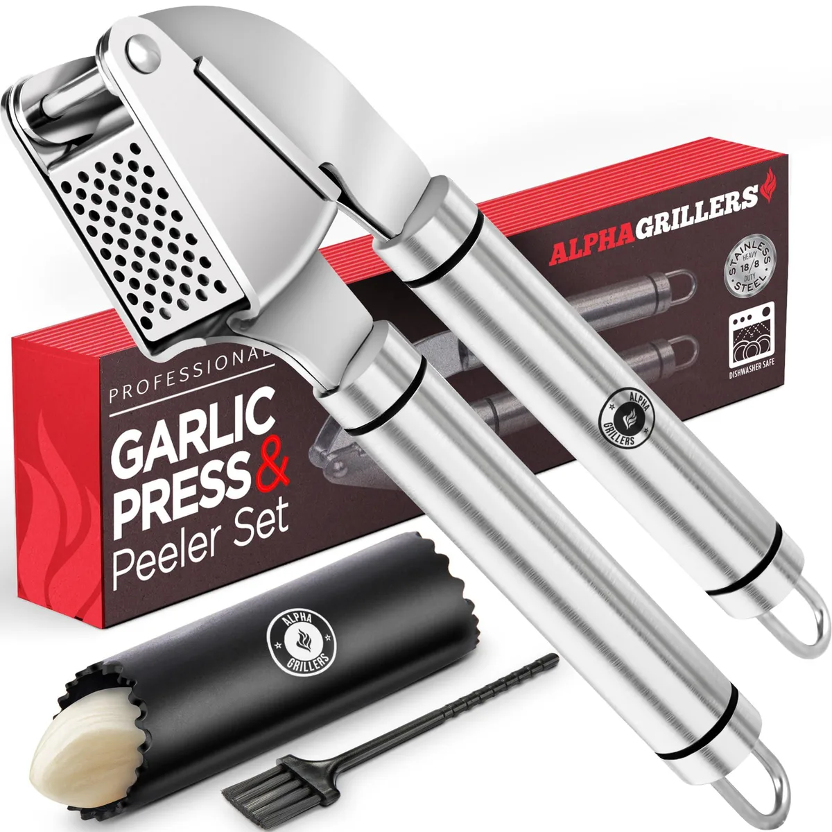 Stainless steel garlic press with flip-out chamber, silicone peeler tube and small cleaning brush