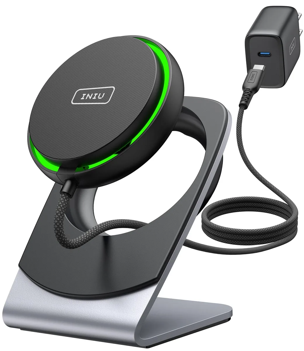 White magnetic wireless charger stand with detachable pad and cooling fan