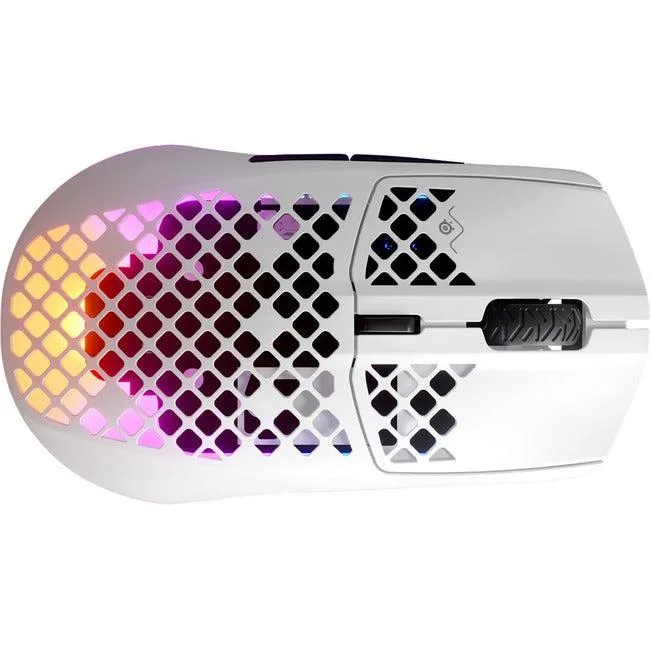 Lightweight perforated wireless gaming mouse in matte black with honeycomb shell and USB dongle